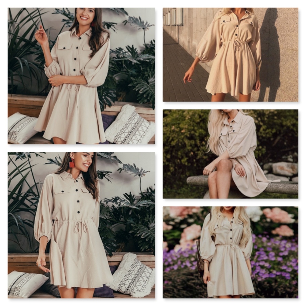 Drawstring Safari Beige Cotton Button Up Dress - Picture 4 of 10